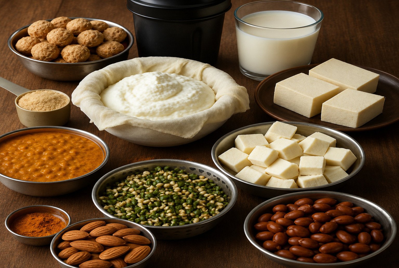 Collection of protein-rich vegetarian foods such as paneer, tofu, soy chunks, sprouts, almonds, milk, curd, beans, and lentil curry displayed together.