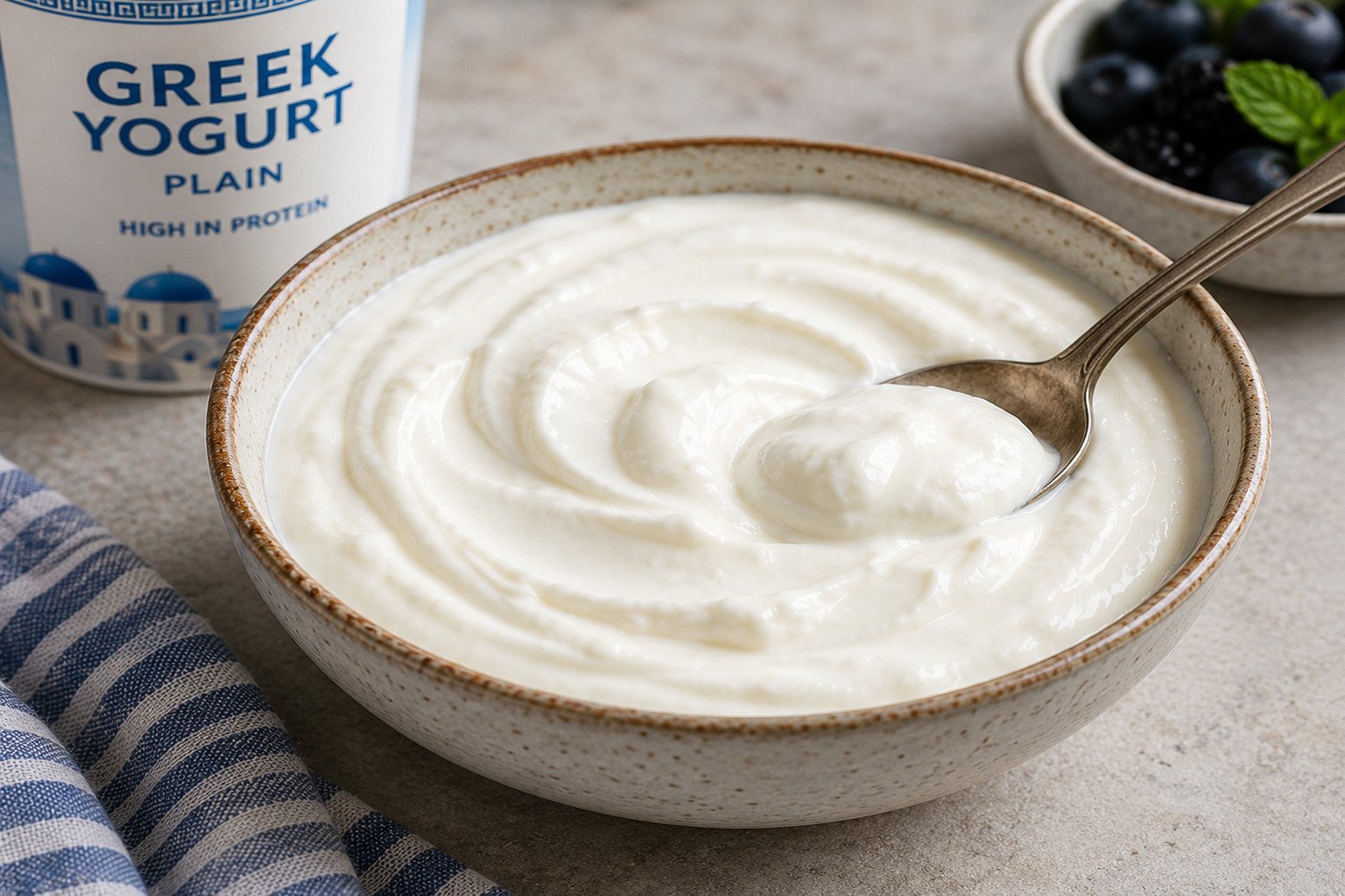 Plain Greek yogurt in a bowl, a high-protein dairy food rich in probiotics and nutrients.