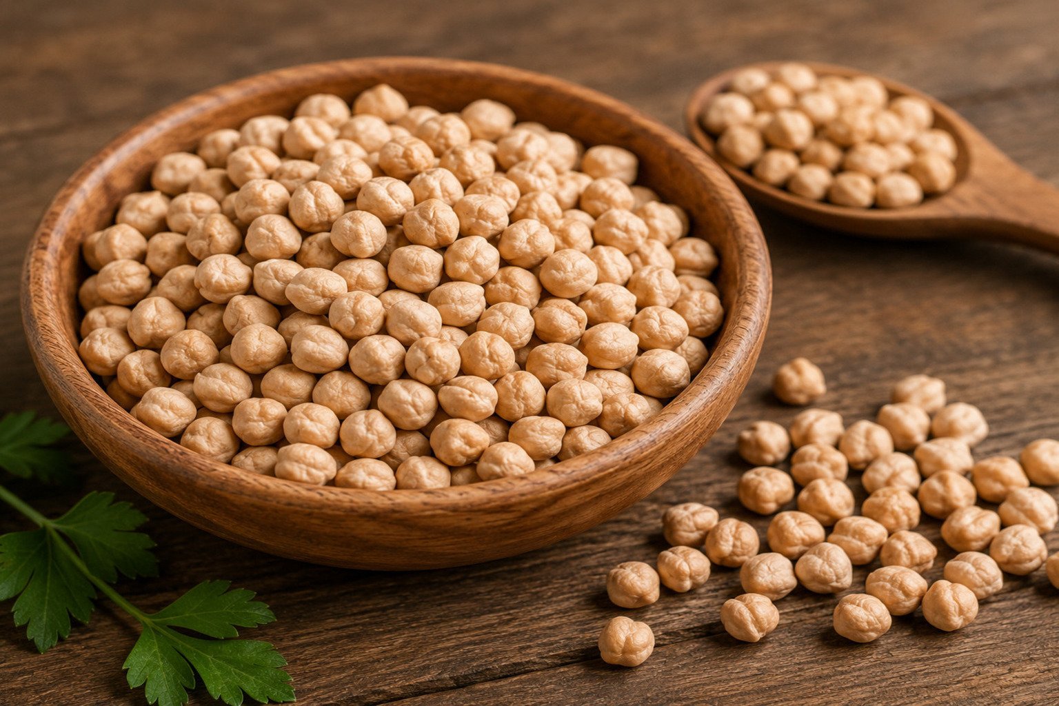 Raw chickpeas (chana) are displayed in a wooden bowl, showcasing a high-protein legume commonly used in Indian cooking.
