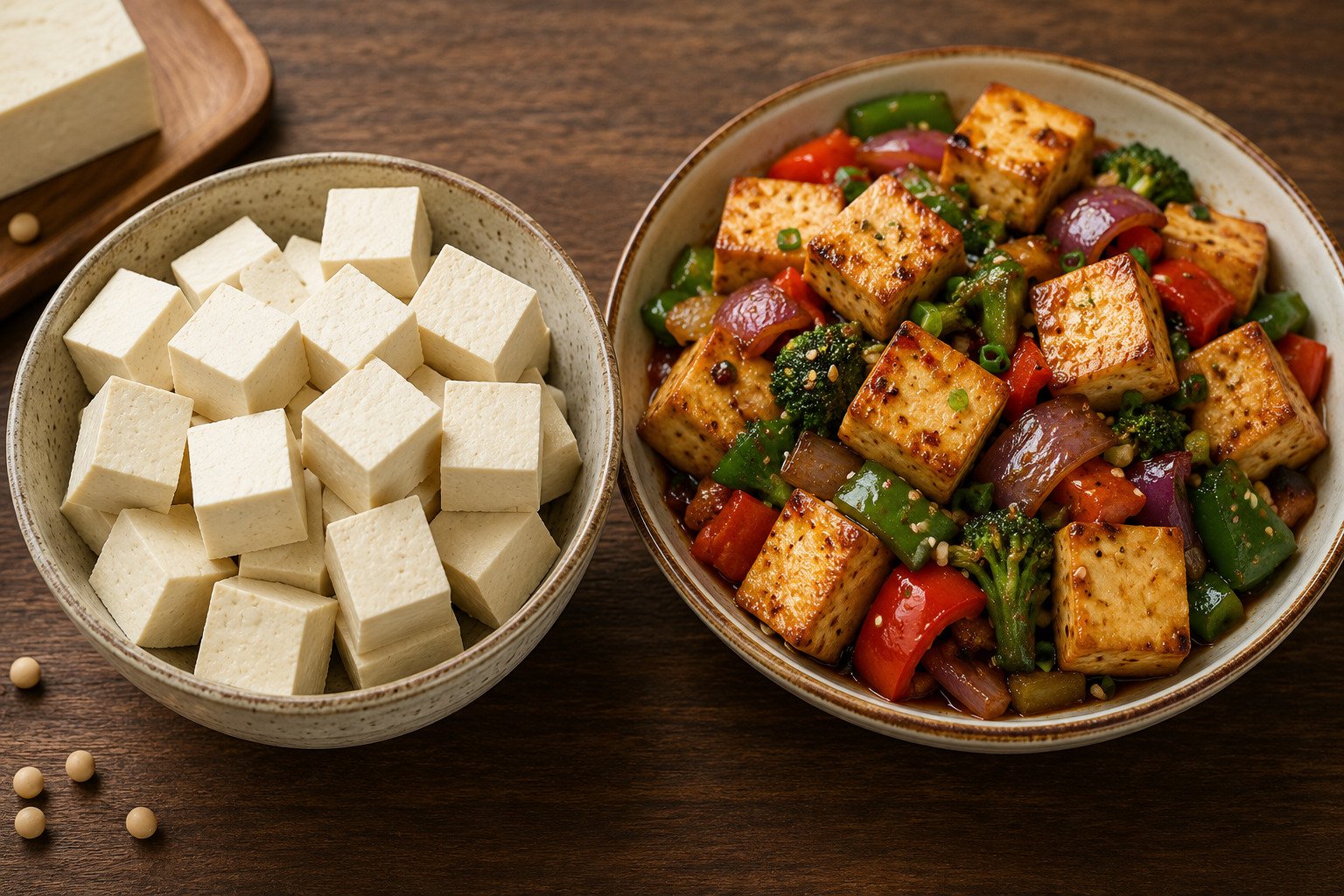 Fresh tofu cubes alongside a stir-fried tofu dish with bell peppers, onions, and broccoli in a savoury sauce.