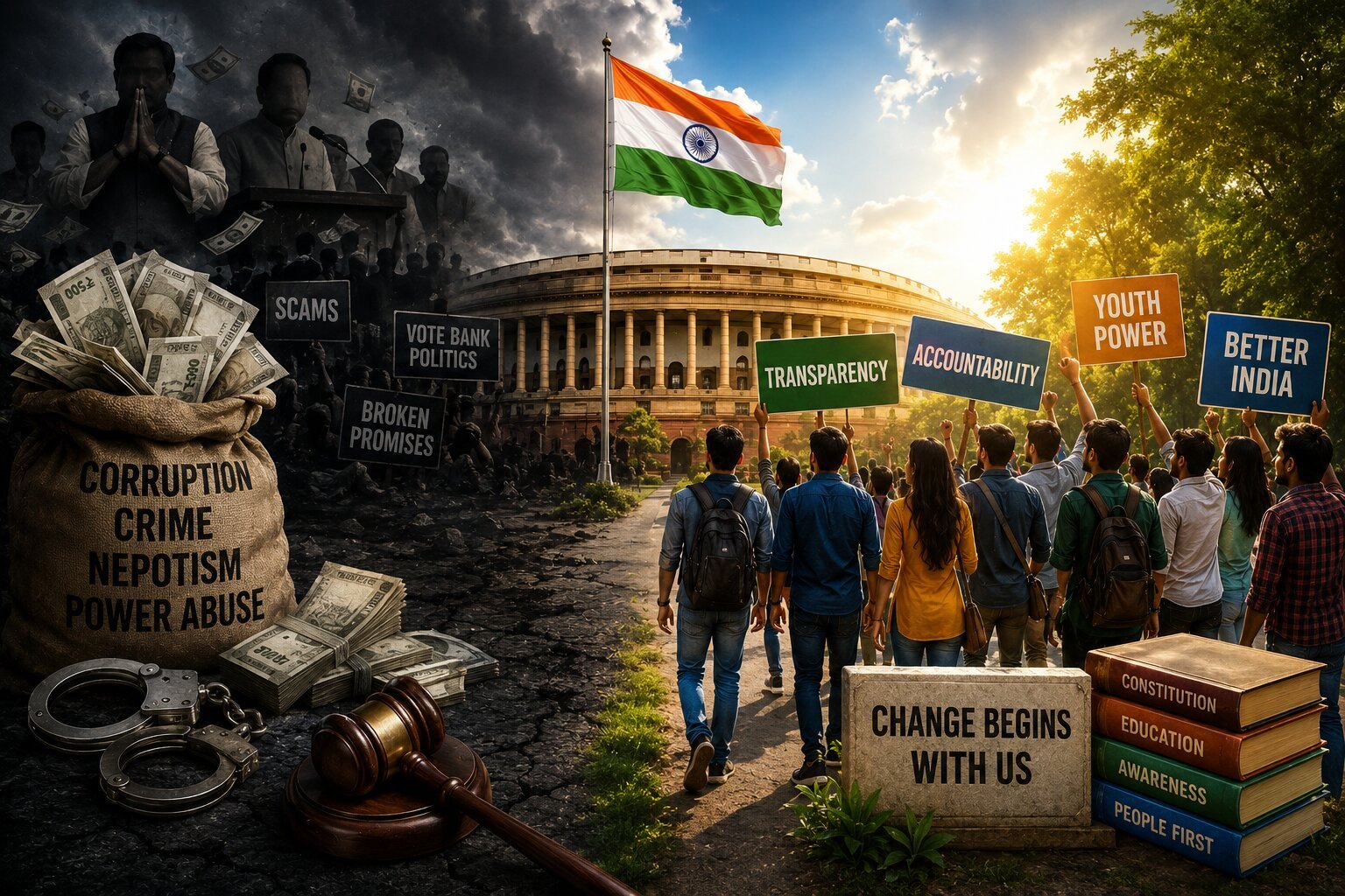 People protesting against corruption in India near Parliament, symbolizing public demand for transparent and accountable politics.