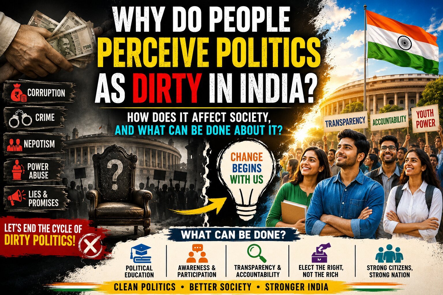 Political awareness poster depicting corruption, power abuse, and public distrust in India alongside youth-led solutions for transparent governance.