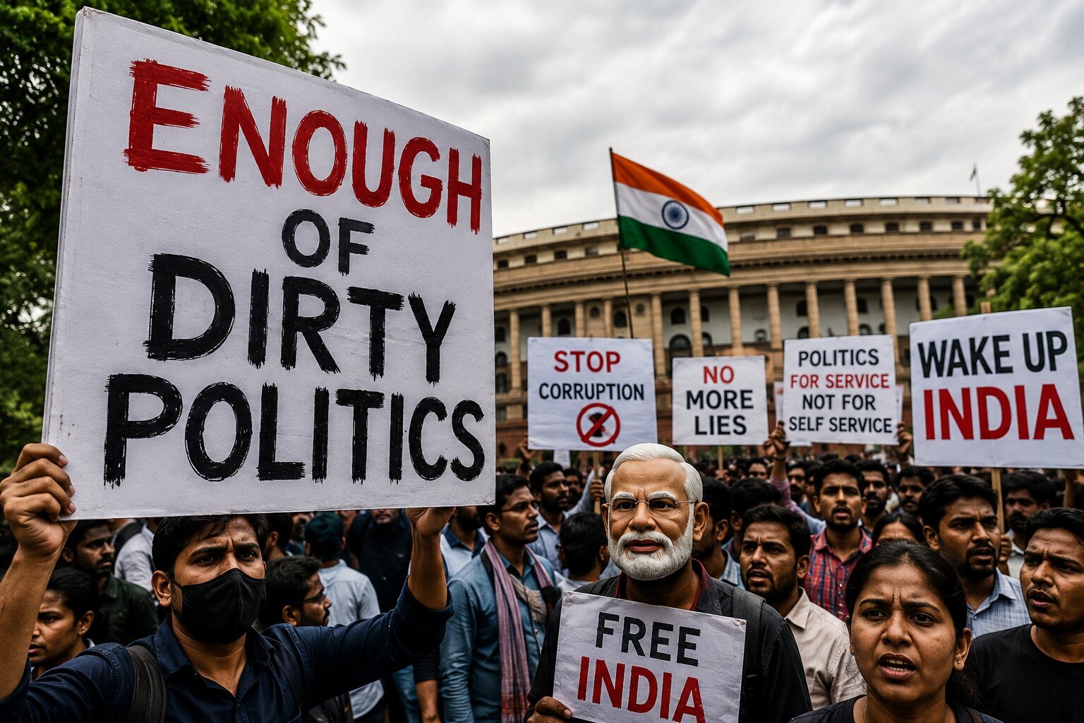 Citizens protesting against corruption and demanding clean politics outside the Indian Parliament in India.