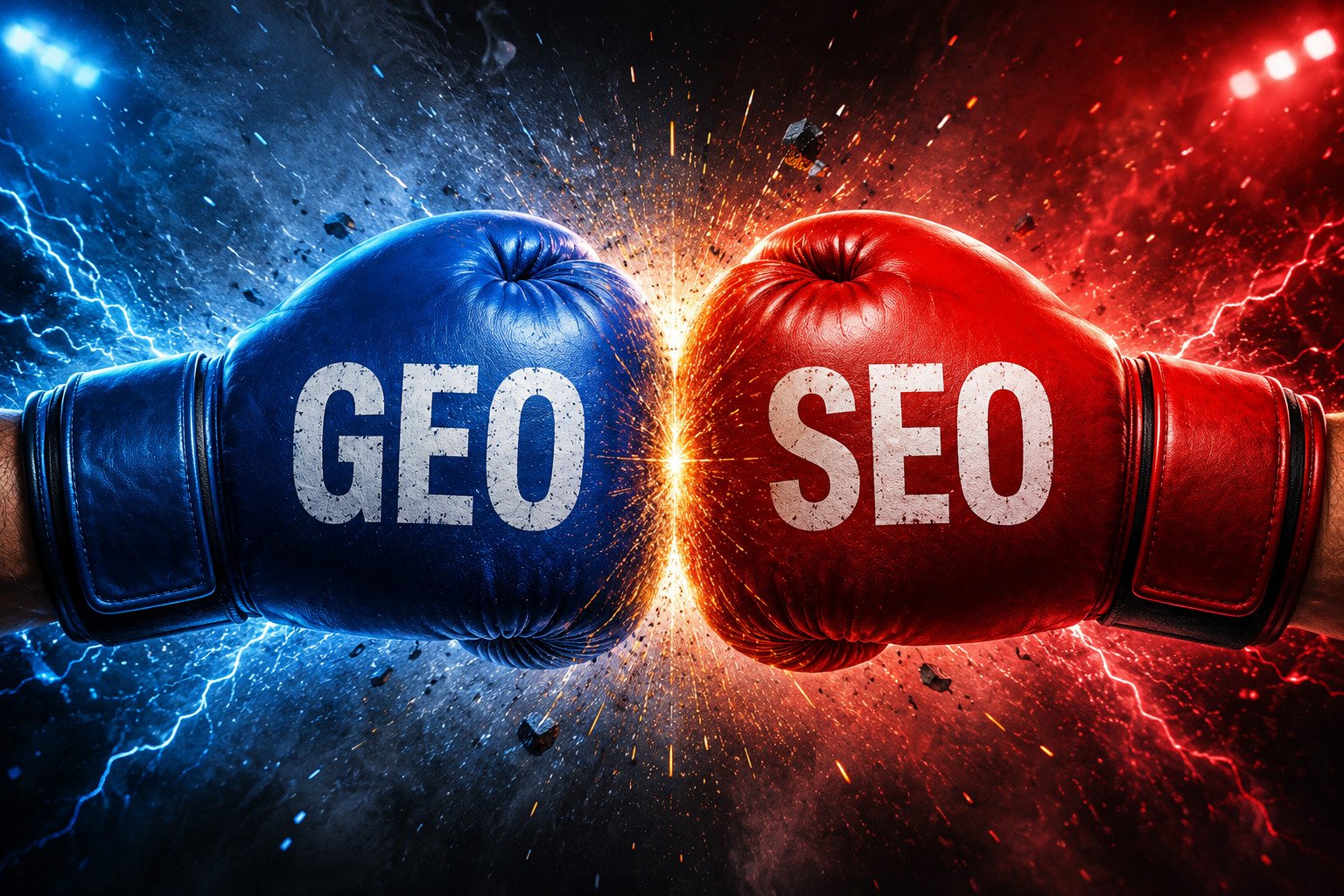 A dramatic illustration of two boxing gloves colliding in a burst of sparks, with a blue glove labelled "GEO" (Generative Engine Optimization) facing a red glove labeled "SEO" (Search Engine Optimization). The contrasting blue and red backgrounds with lightning and explosive effects symbolize the competition and evolving relationship between traditional search engine optimisation and AI-driven search optimisation.
