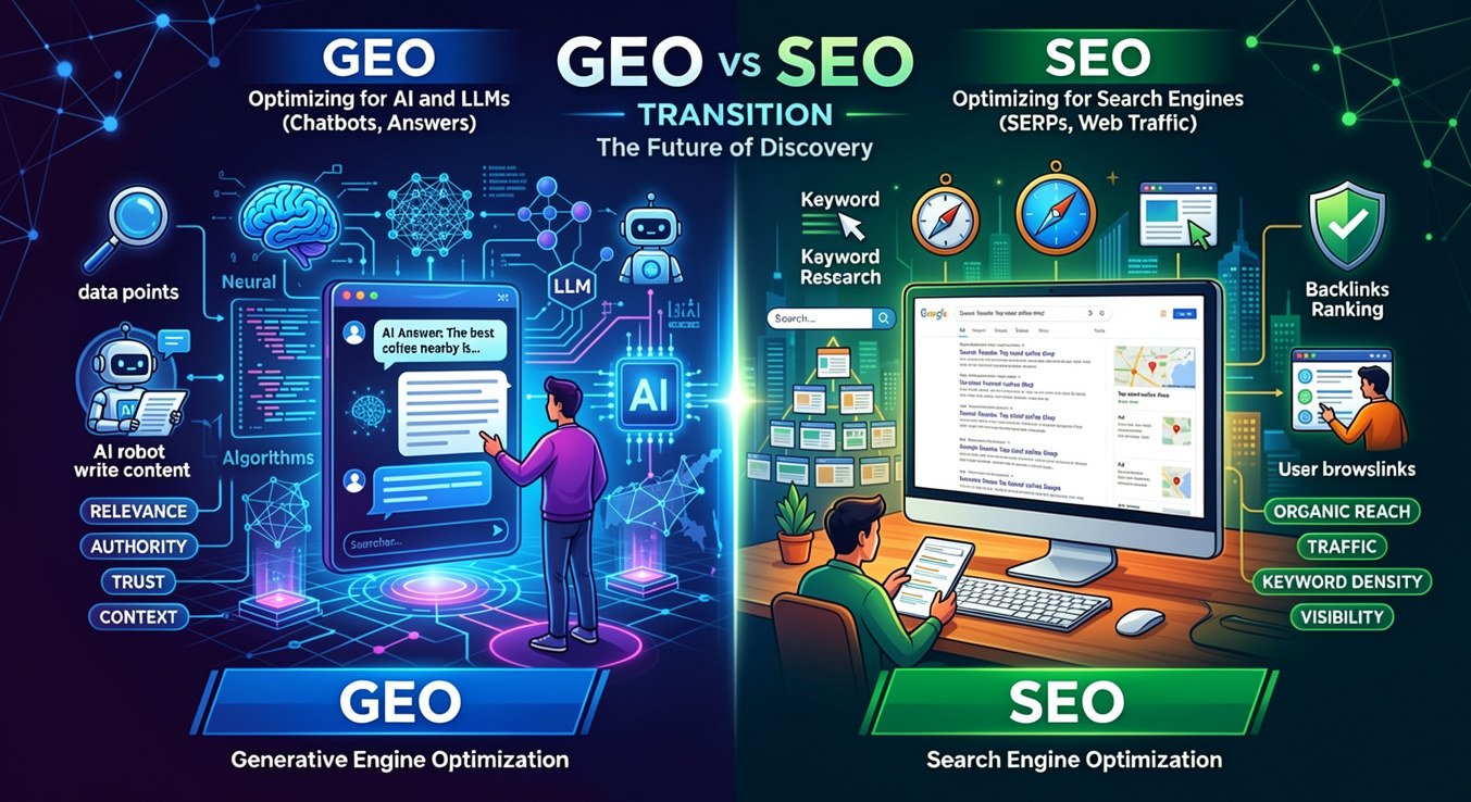 Infographic comparing GEO (Generative Engine Optimization) vs SEO (Search Engine Optimization), explaining how AI search engines and LLMs use relevance, authority, trust, and context, while traditional search engines rely on keywords, backlinks, rankings, and organic traffic to improve online visibility.