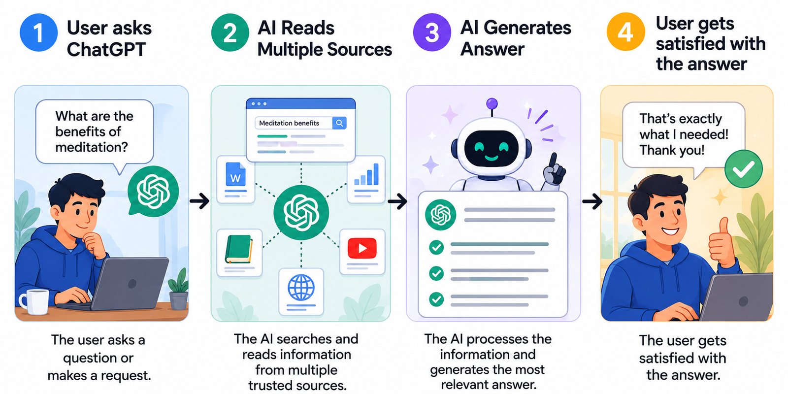 Infographic explaining how generative AI works: a user asks ChatGPT, the AI gathers information from multiple trusted sources, generates a relevant answer, and satisfies the user's query. This illustrates the difference between AI search (GEO) and traditional search engines (SEO).
