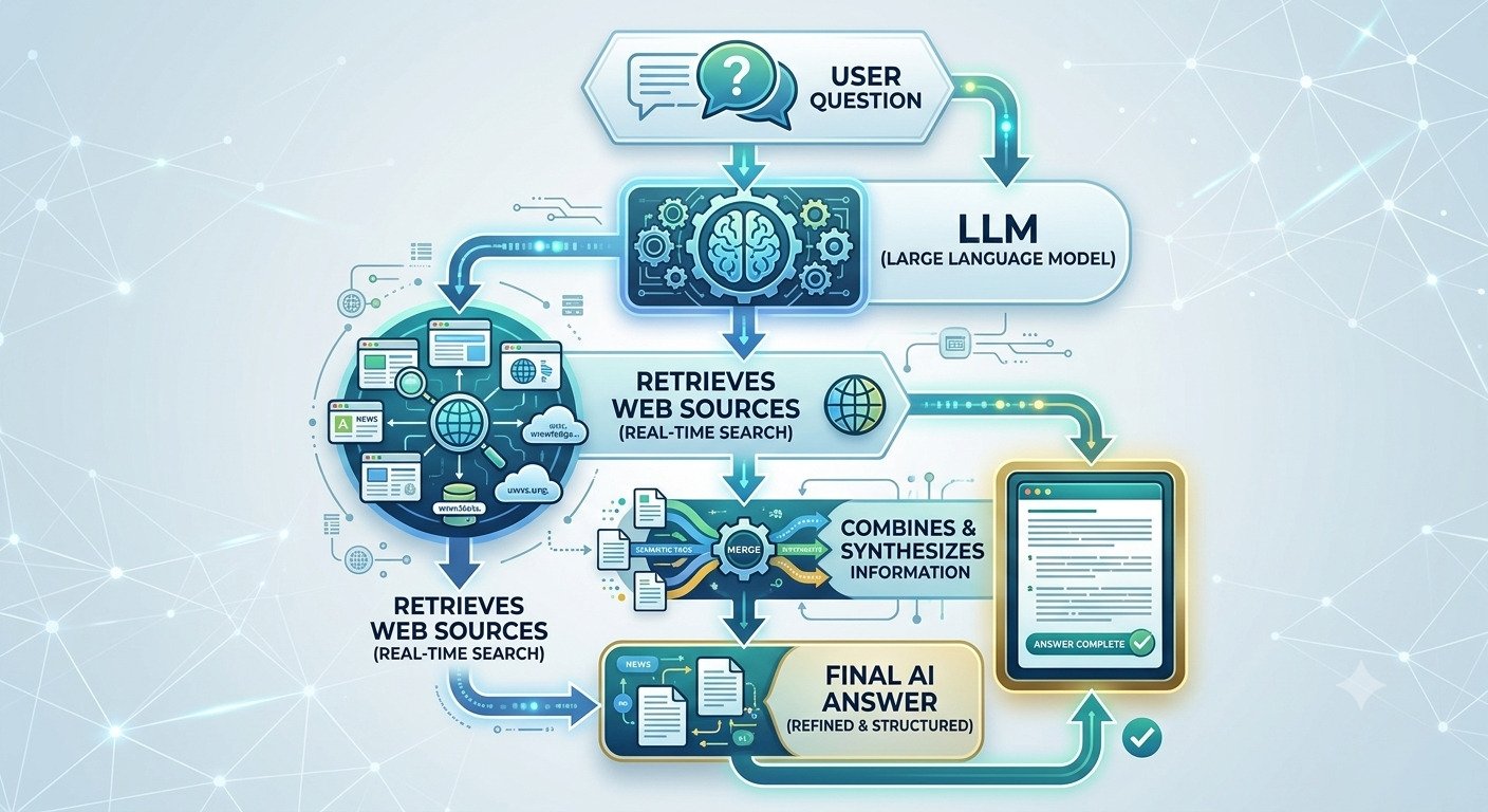A flowchart illustrating how Retrieval-Augmented Generation (RAG) works. The diagram shows a user's question being processed by a large language model (LLM), which retrieves relevant information from real-time web sources before combining and synthesising the retrieved data with its own knowledge. The workflow ends with a refined, structured AI-generated answer, highlighting how RAG enhances response accuracy, relevance, and freshness by integrating live web information into the AI's reasoning process.

