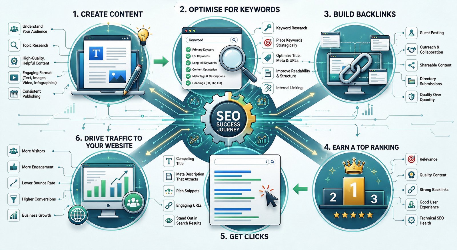 An infographic illustrating the six-step SEO journey for improving website visibility and organic traffic. The process begins with creating high-quality, audience-focused content, followed by keyword optimization, building quality backlinks, earning higher search rankings, attracting clicks with compelling titles and meta descriptions, and driving traffic to a website. Supporting icons highlight best practices such as keyword research, internal linking, technical SEO, user experience, guest posting, and engaging content. The circular workflow emphasizes how each step contributes to greater visibility, higher rankings, increased website traffic, user engagement, conversions, and long-term business growth.
