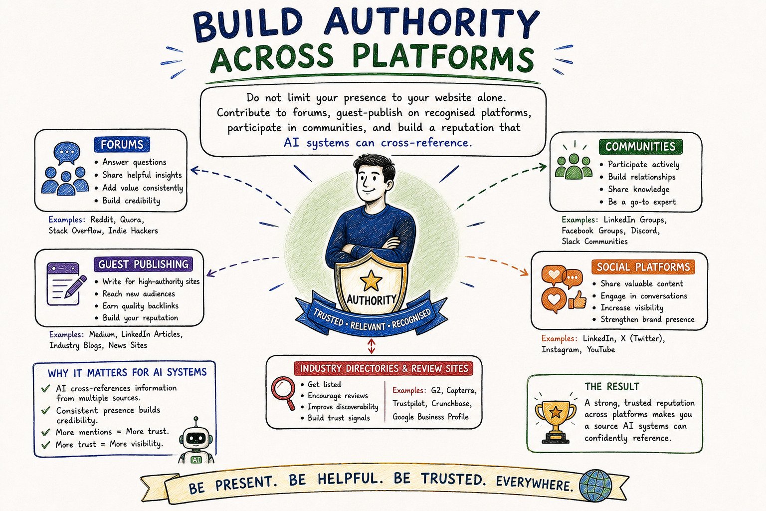 An educational infographic illustrating how to build authority across multiple online platforms for Generative Engine Optimisation (GEO). At the centre, a creator with an "Authority" shield represents a trusted, relevant, and recognised online presence. Surrounding sections highlight key strategies such as contributing to forums, guest publishing on reputable websites, participating in online communities, staying active on social media, and maintaining listings on industry directories and review sites. The infographic explains that consistent visibility, helpful contributions, and trustworthy mentions across platforms help AI systems cross-reference information, increasing credibility, discoverability, and the likelihood of being cited in AI-generated search results.

