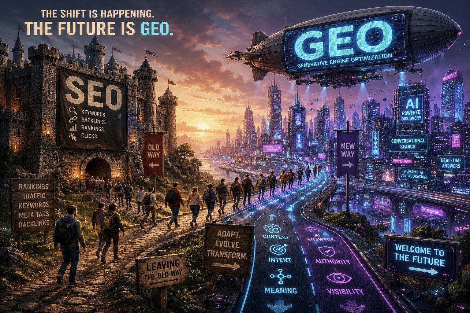 Conceptual illustration showing the transition from SEO to GEO. People leave a medieval castle labeled 'SEO' and walk along a road that transforms into a futuristic digital highway leading to a cyberpunk city. A giant airship displaying 'GEO' hovers above the skyline, symbolizing the shift from traditional Search Engine Optimization to AI-powered Generative Engine Optimization.