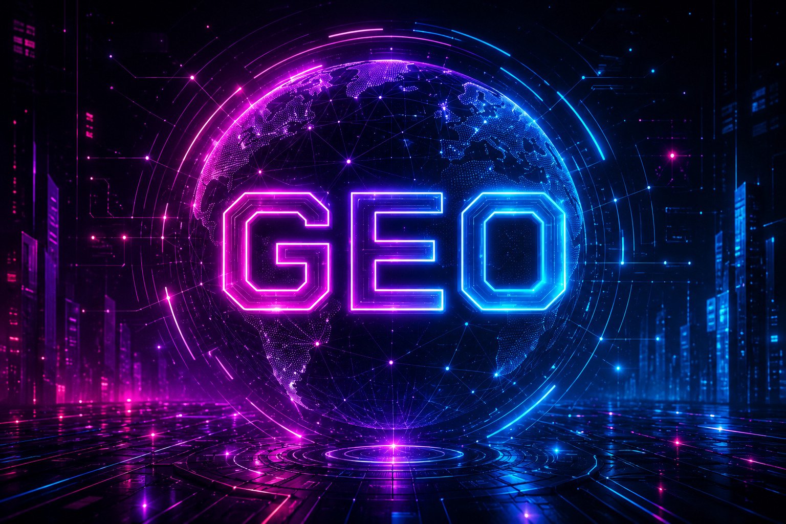 Cyberpunk-style illustration of the glowing word "GEO" centered inside a futuristic digital globe with neon blue and purple lighting. The image features a global network, AI-inspired circuits, and a high-tech cityscape, representing Generative Engine Optimization, AI-powered search, and the future of content discovery.