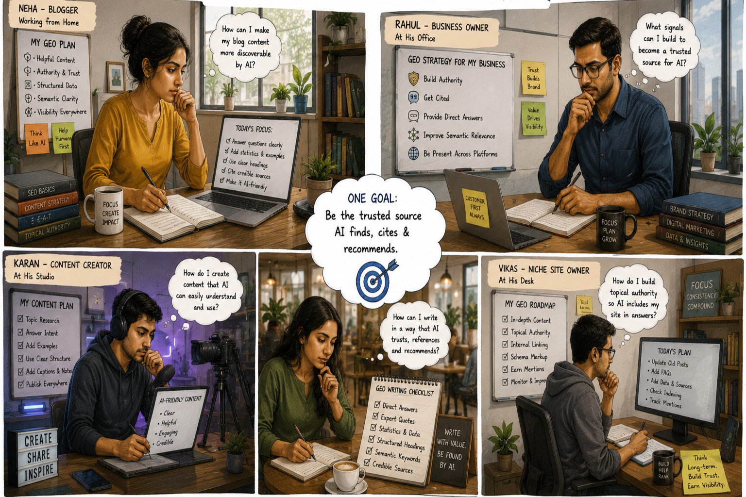 A six-panel illustration showing different professionals—a blogger, business owner, content creator, writer, and niche website owner—planning Generative Engine Optimization (GEO) strategies. Each workspace features checklists highlighting AI-friendly content practices such as creating helpful content, building authority, using structured data, answering user intent, improving semantic relevance, and earning trusted citations. At the centre, a target graphic emphasises the shared goal: becoming a trusted source that AI systems can find, cite, and recommend.
