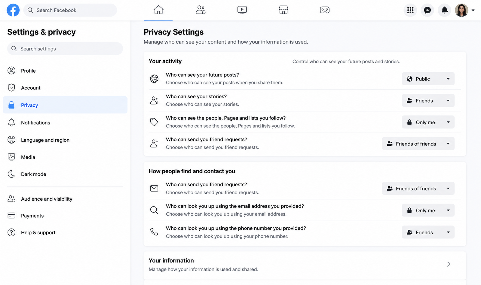 Privacy settings on social media