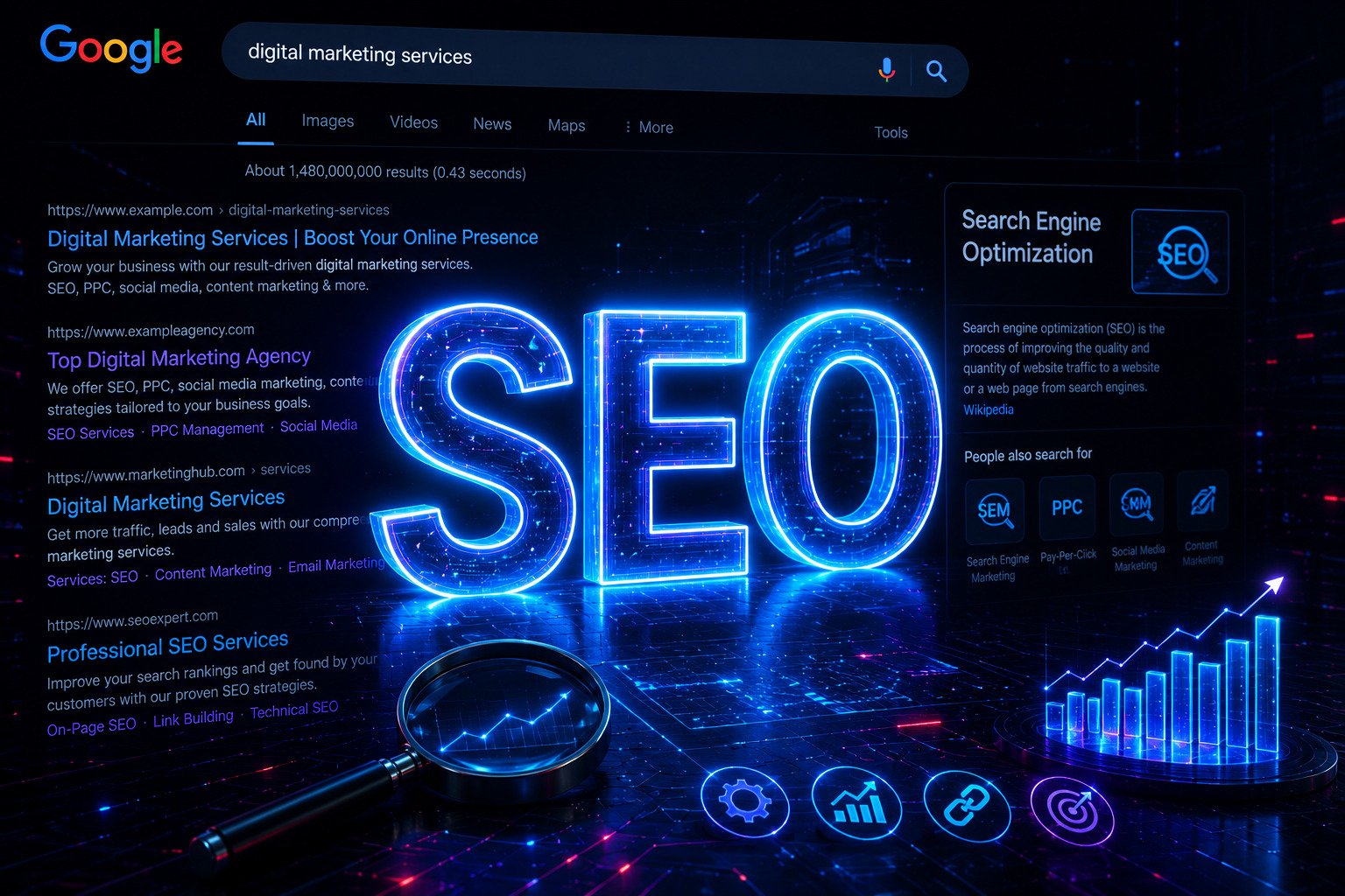 Cyberpunk-style SEO illustration featuring a glowing "SEO" title centred over a futuristic Google search results page. The image includes search listings, a knowledge panel, analytics charts, a magnifying glass, and digital marketing icons, representing search engine optimisation, keyword rankings, website visibility, and organic traffic growth.