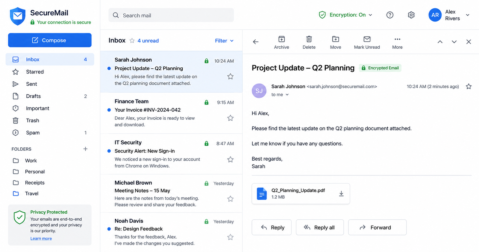 Protected email account with enhanced security.
