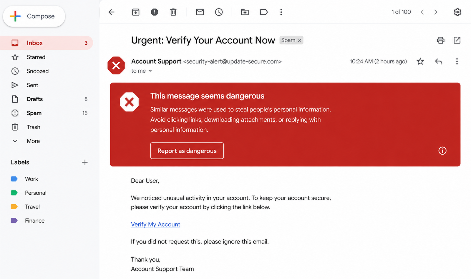Urgent account verification warning email