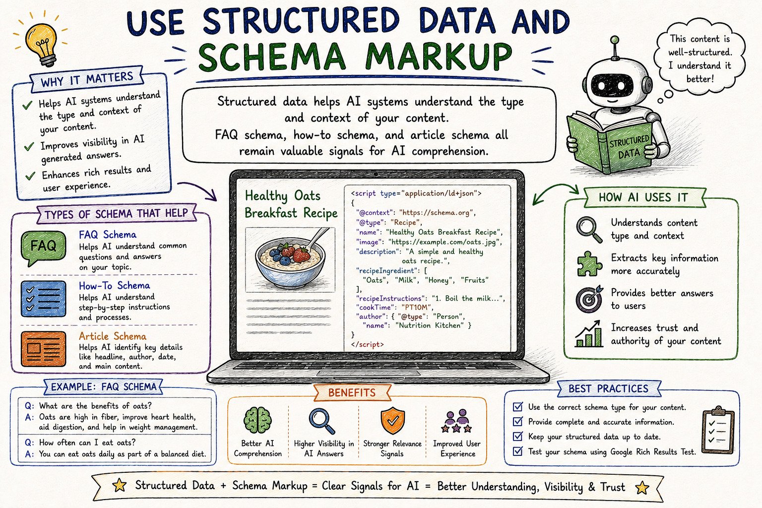 An educational infographic explaining how structured data and schema markup improve Generative Engine Optimisation (GEO) and AI search visibility. It shows a laptop displaying a webpage with JSON-LD schema markup for a recipe alongside the published content, illustrating how structured data helps AI understand page context. The infographic highlights common schema types such as FAQ, How-To, and Article schema, explains how AI uses structured data to extract key information and generate better answers, and outlines best practices like choosing the correct schema type, providing accurate information, keeping markup up to date, and validating it. A summary banner emphasises that structured data provides clear signals that improve AI understanding, trust, and content visibility.
