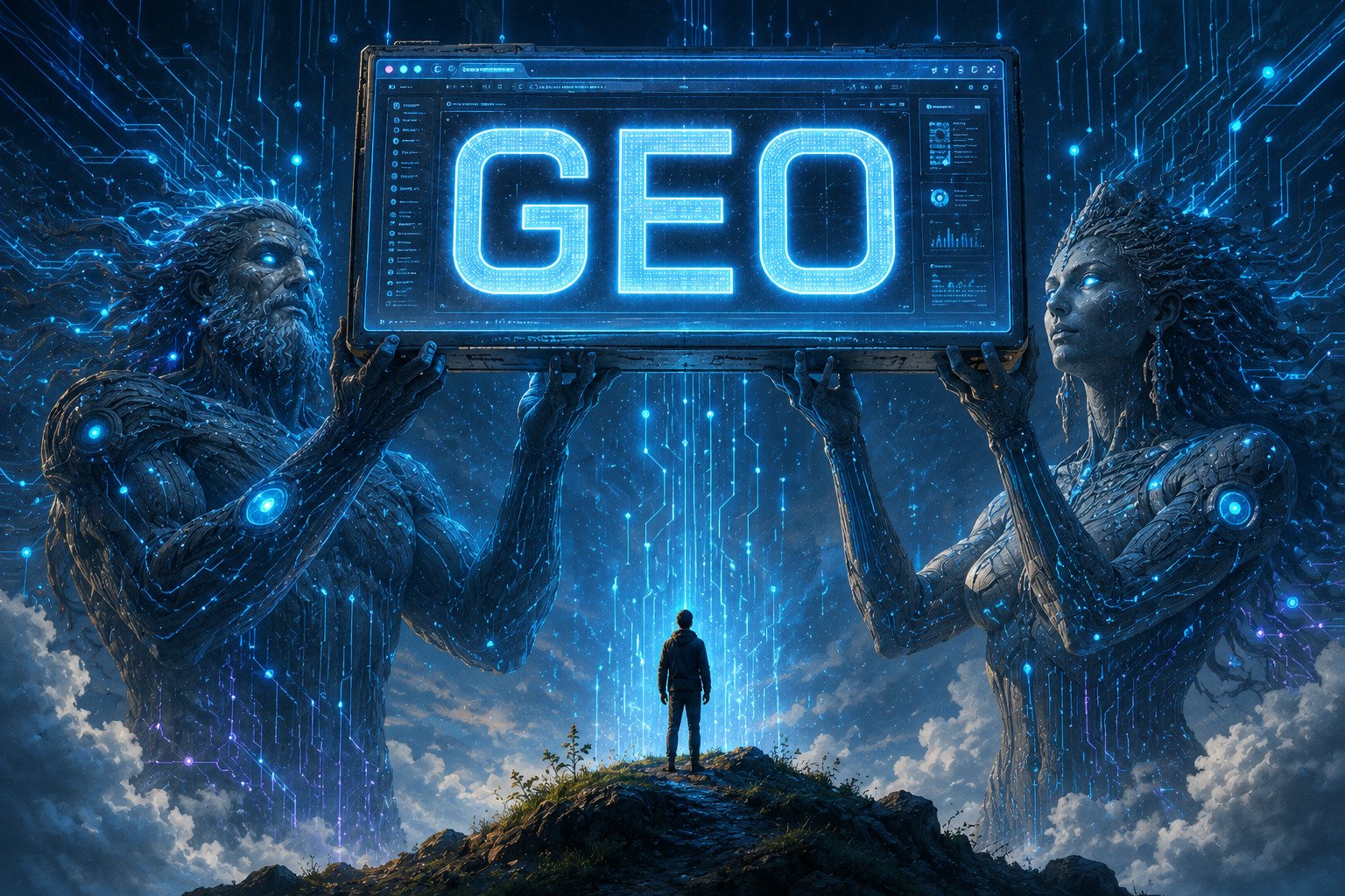 A futuristic digital illustration of two colossal AI-inspired humanoid figures holding a glowing display with the word "GEO" (Generative Engine Optimization) above a person standing on a rocky hill. Blue circuitry and streams of data connect the figures and fill the sky, symbolising AI-powered search, machine intelligence, and the future of online content discovery