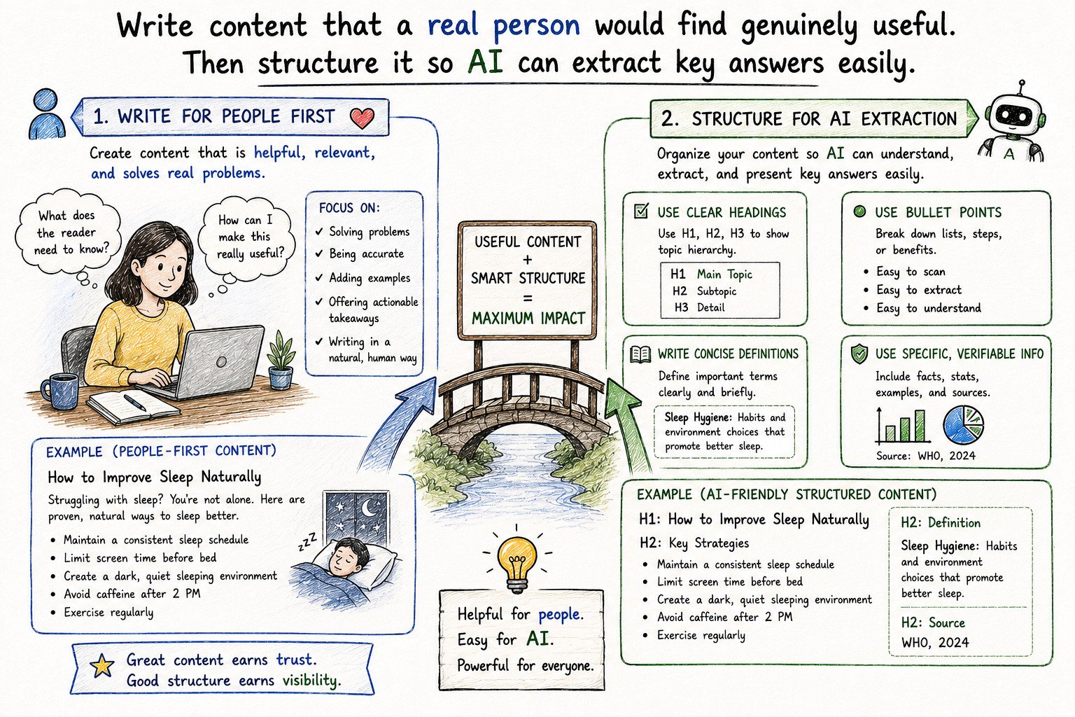 An educational infographic explaining how to create content that works for both people and AI. The left side emphasises writing helpful, relevant, people-first content that solves real problems with clear examples and actionable advice. The right side shows how to structure content for AI using clear headings, bullet points, concise definitions, and verifiable information with credible sources. A central bridge symbolises combining useful content with smart structure for maximum impact, while example sections demonstrate how the same topic can be organised to improve readability, AI extraction, trust, and online visibility.
