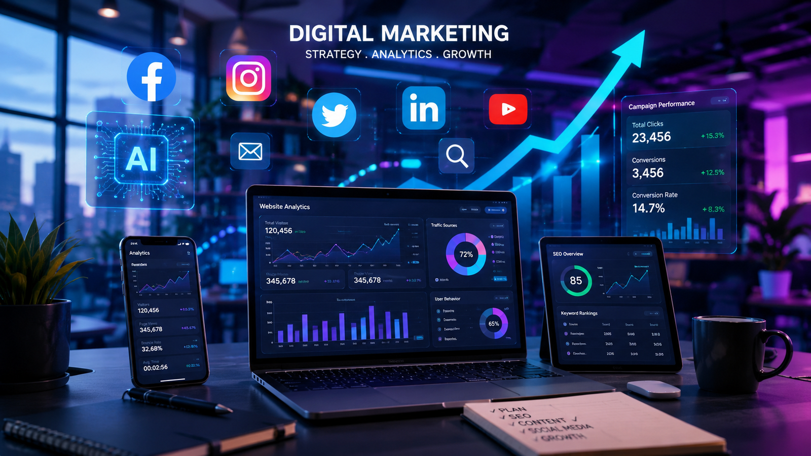 Digital marketing growth with AI, SEO and social media analytics