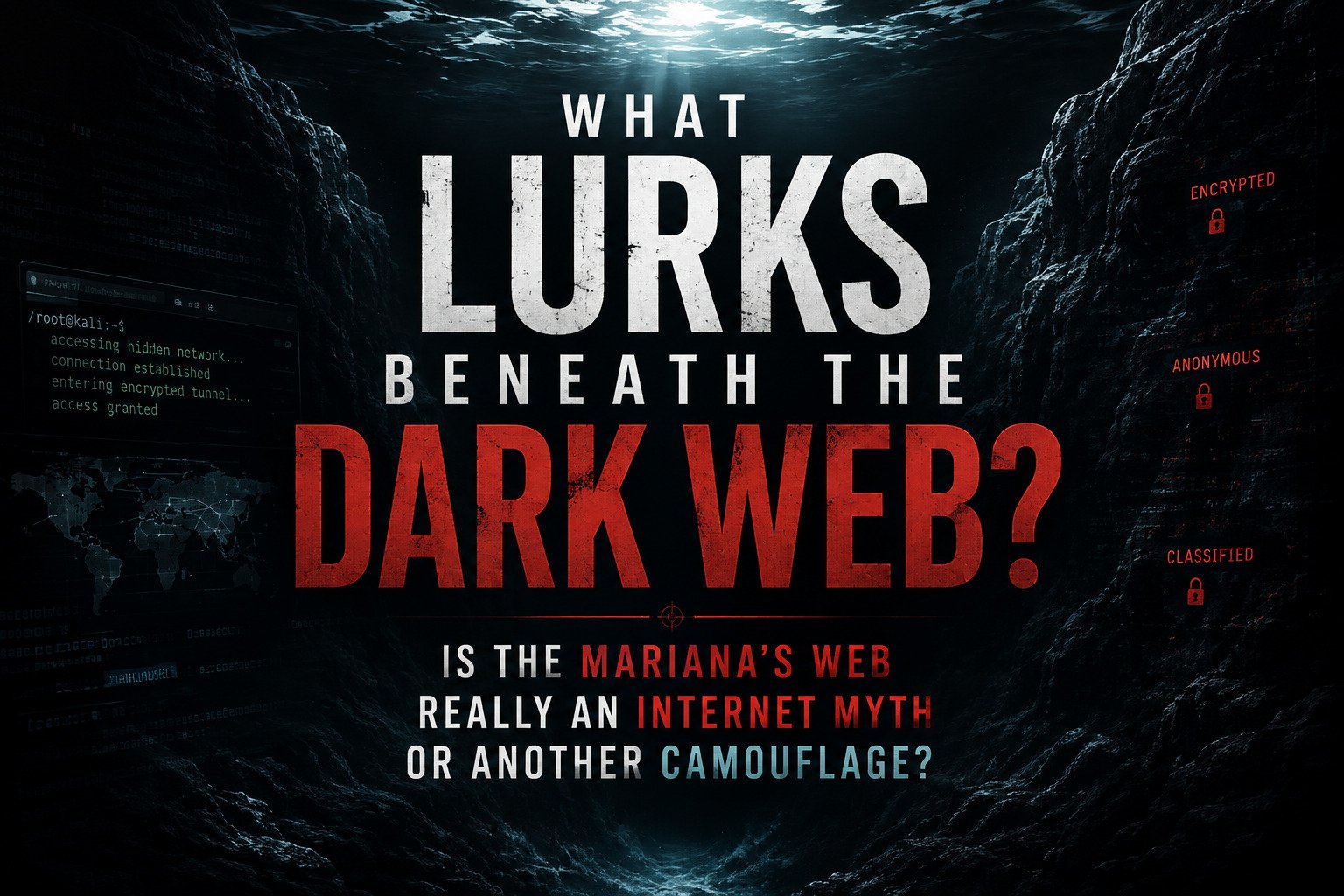 What Lurks Beneath the Dark Web? Dark-themed feature graphic showing a mysterious underwater digital environment with the title questioning whether Mariana’s Web is an internet myth or another form of camouflage.