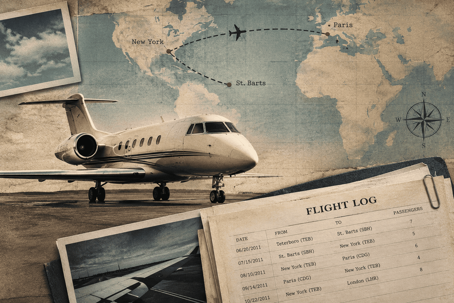 Jeffrey Epstein flight logs with private jet route map connecting New York and other destinations