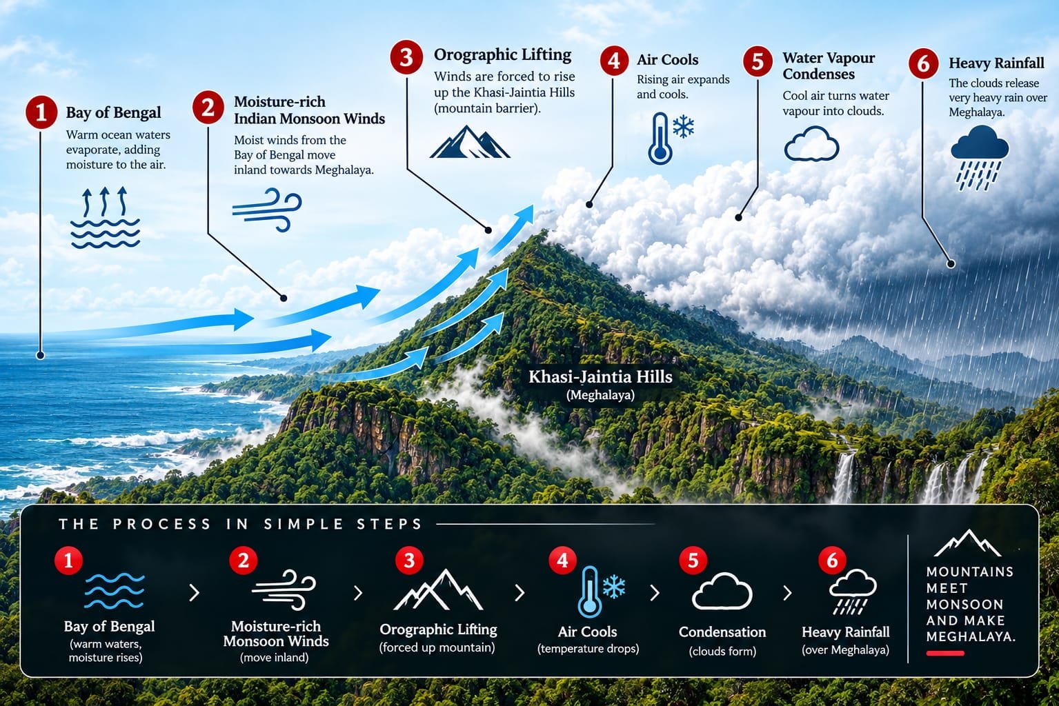 infographic of how uplifting of Shilong plateau and the land scape, environment pressure helped in rain.