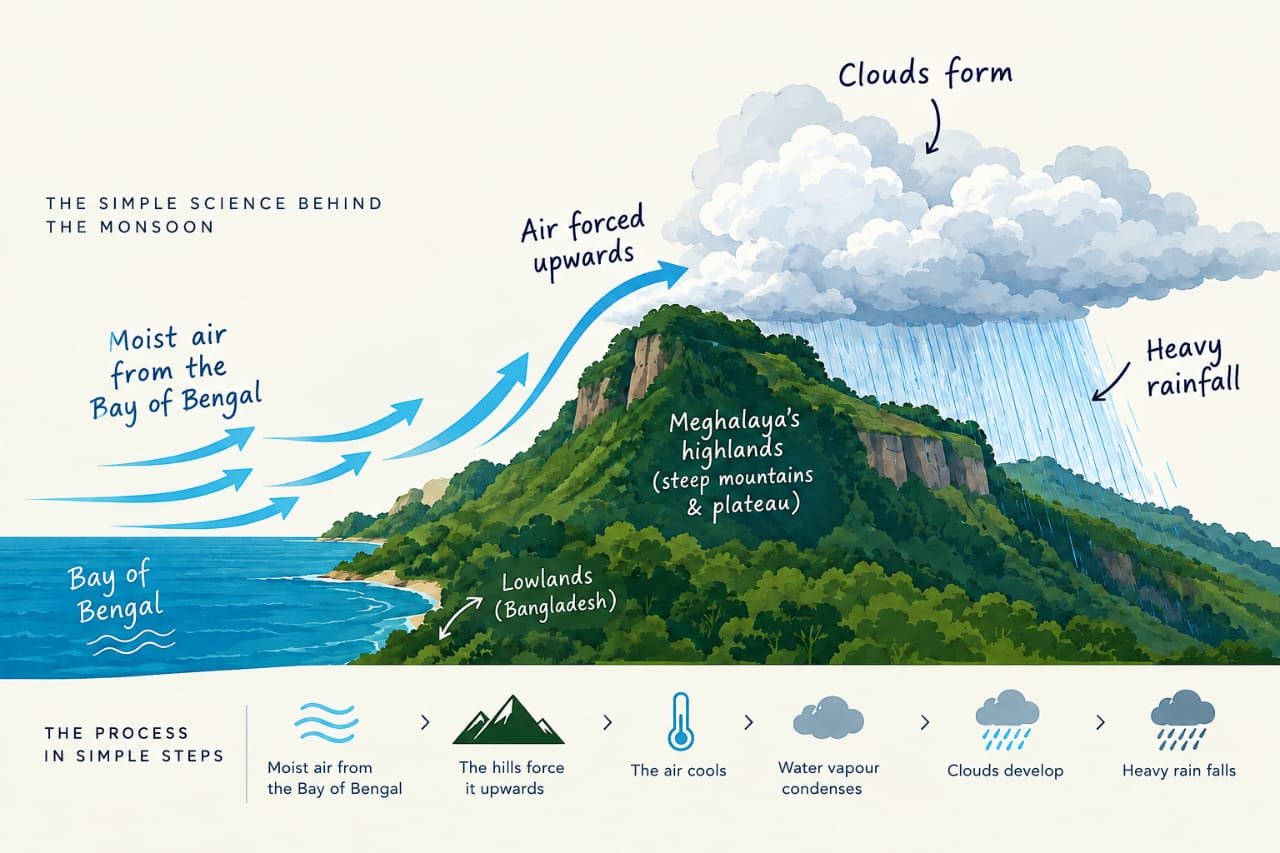 the infographic explaining the topography of Meghalaya's high density air and heavy rainfall.