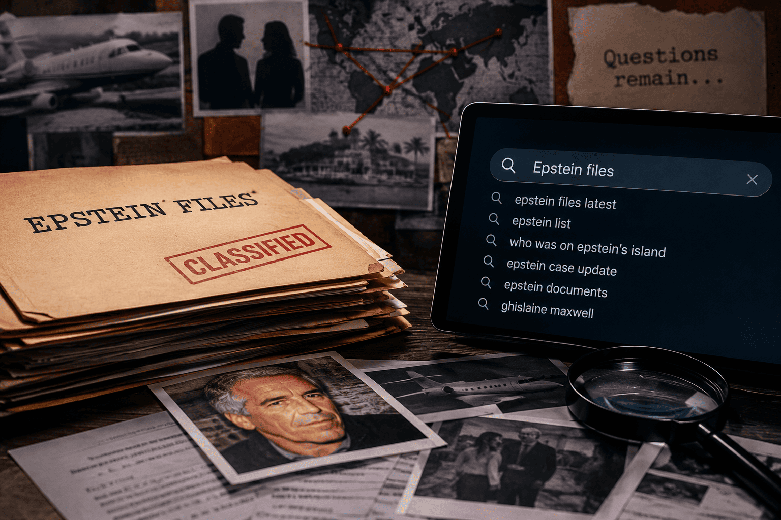 Epstein files documents and online searches showing continued public interest in the case