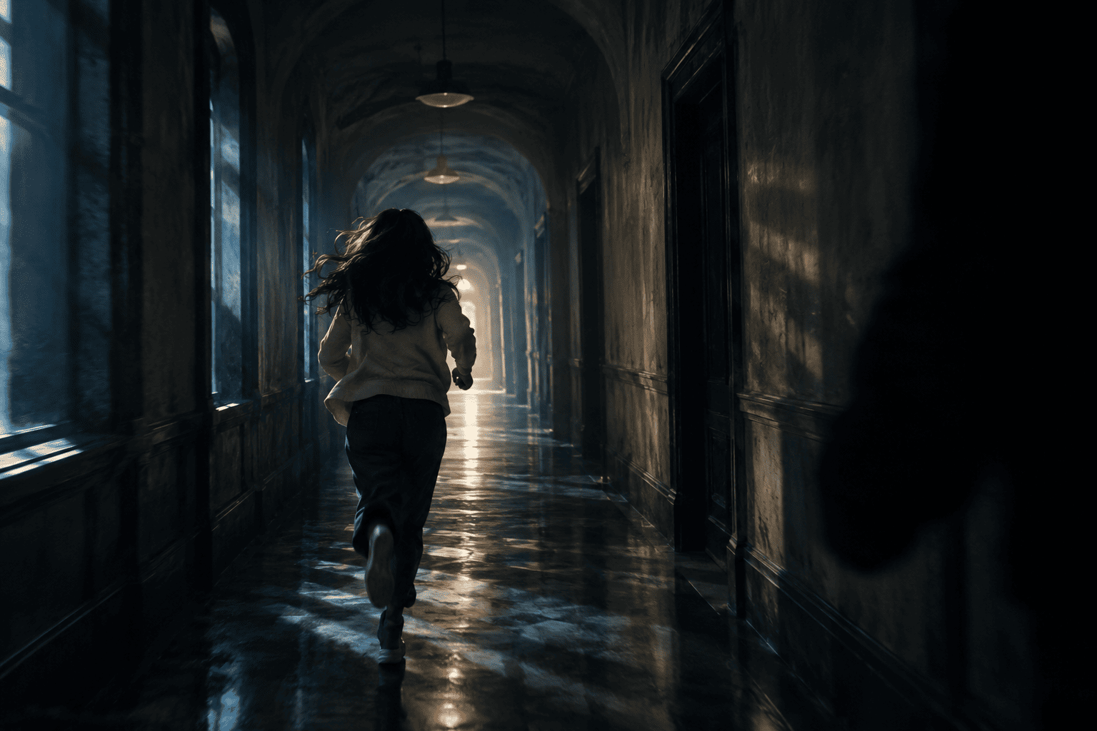 A person running through a mysterious corridor representing a chase dream. Image.