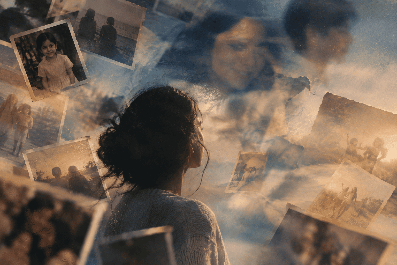 Old photographs representing memories of people appearing in dreams. Image.