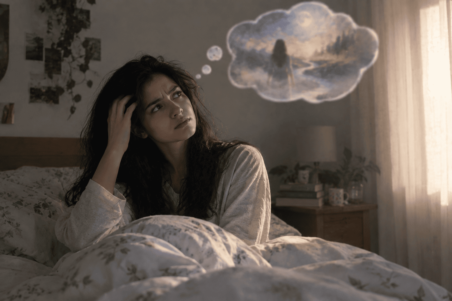 A person trying to remember a dream after waking up. Image.