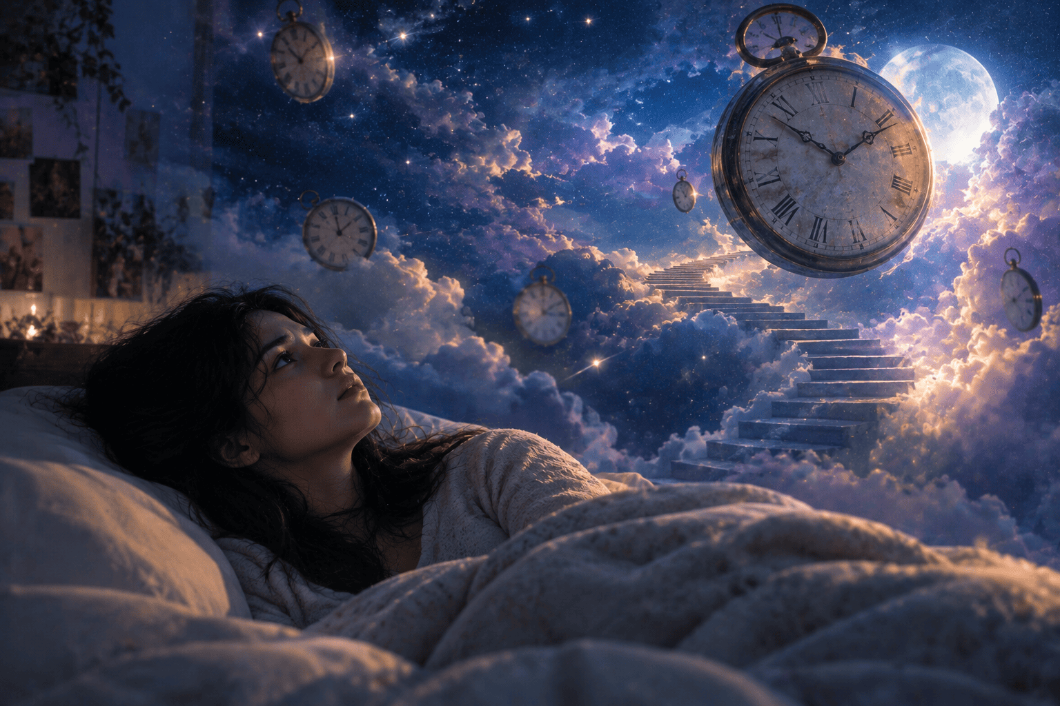A mysterious dreamlike clock beneath a starry sky representing questions about predicting the future. Image.
