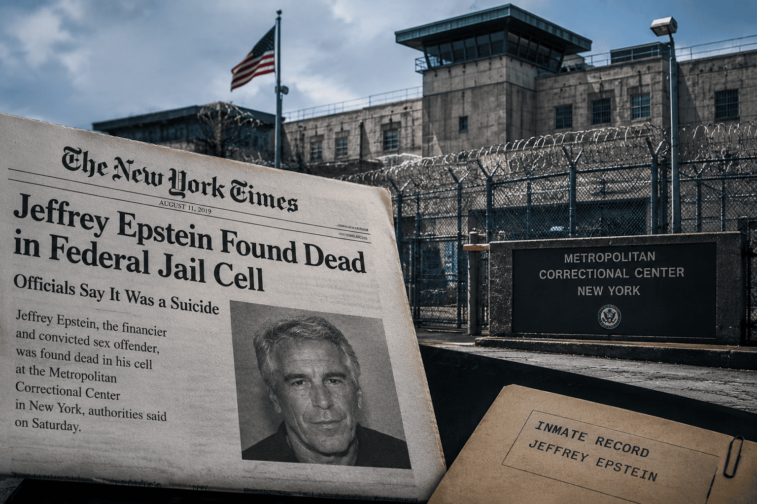 Federal jail exterior and newspaper reporting on Jeffrey Epstein's death in custody