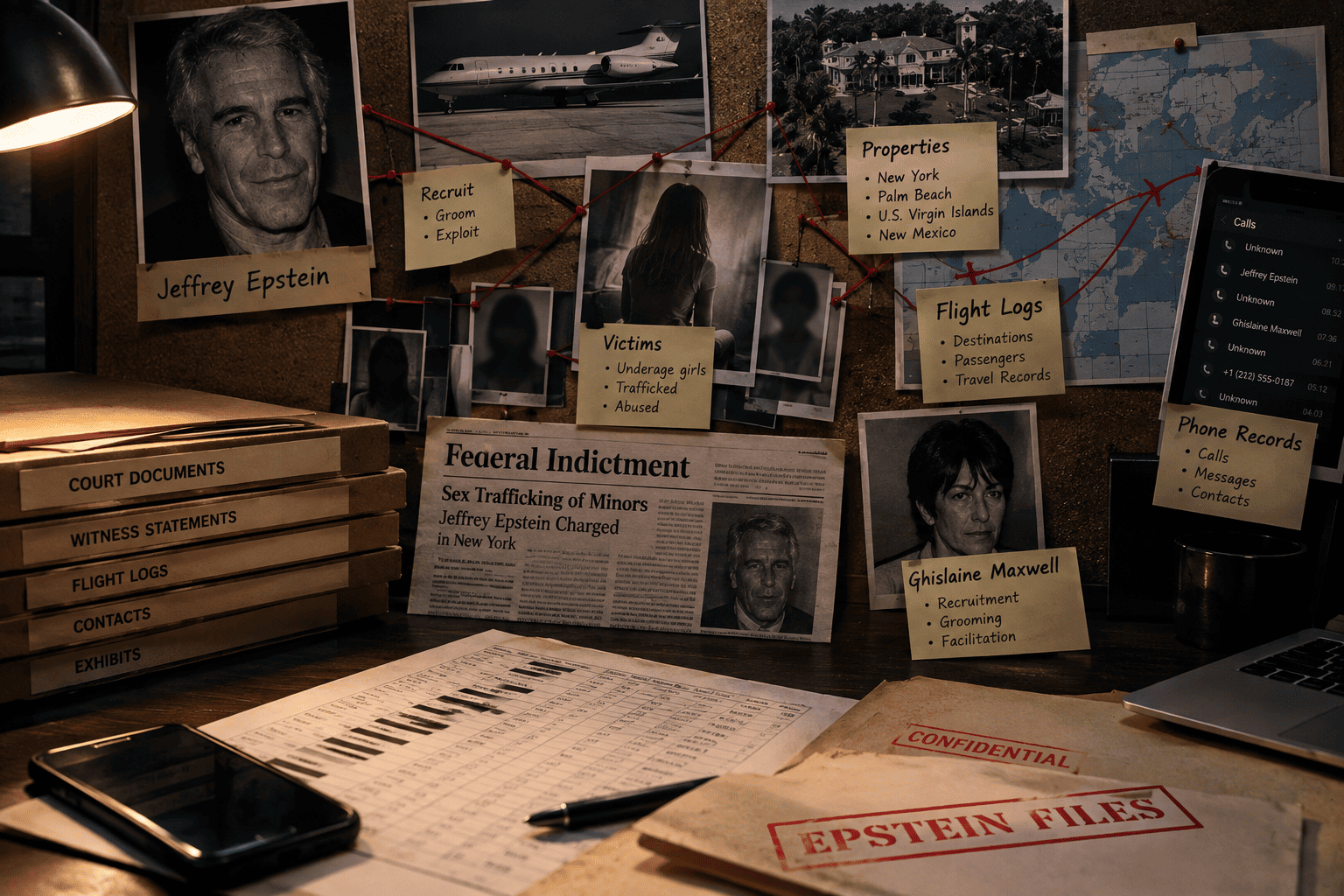 Epstein files with court documents, flight logs, redacted records, and investigation materials