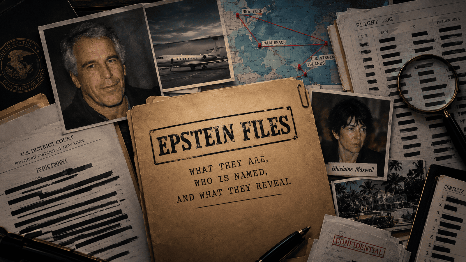 Epstein files with court documents, flight logs, redacted records, and investigation materials