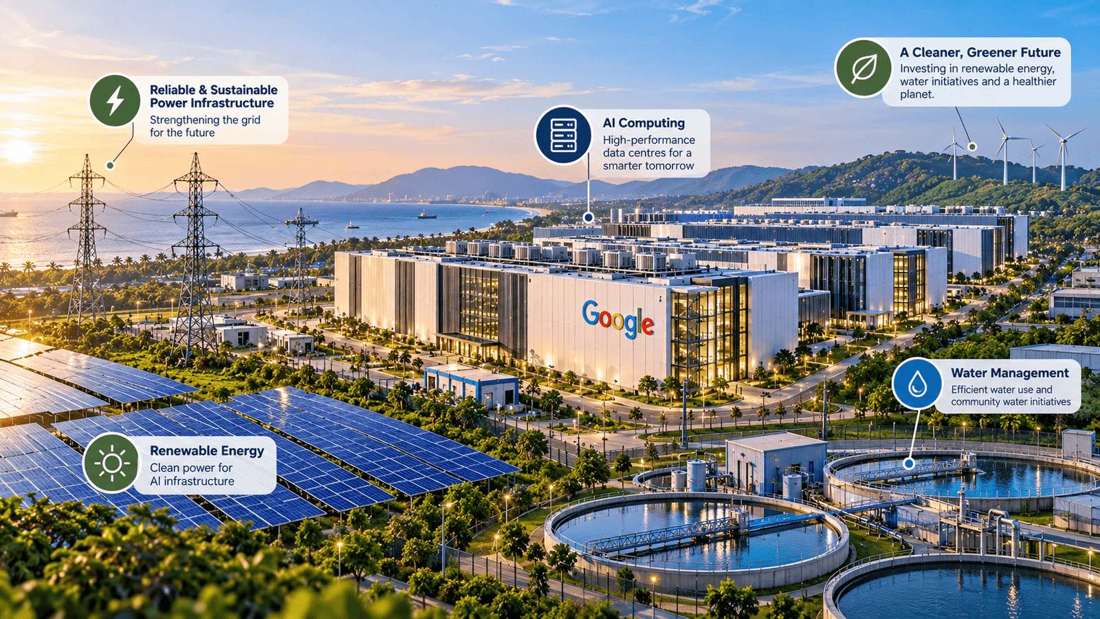 Clean energy and water management initiatives for Google's Vizag AI hub.
